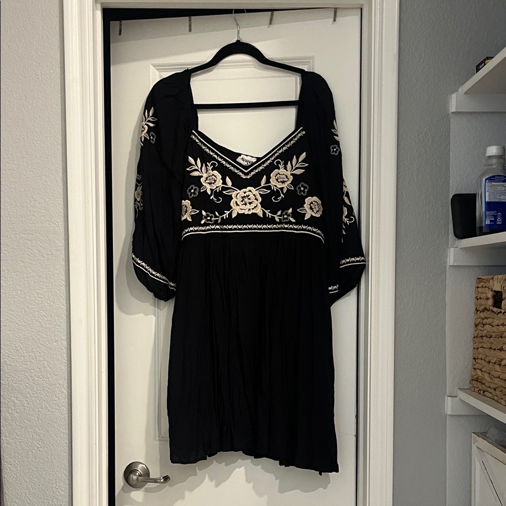 Savana Jane Black Dress with Cream Floral Embroidery